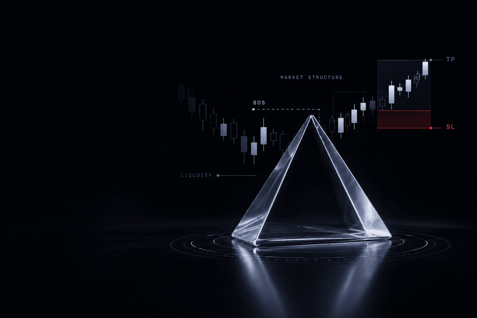 A glass prism splitting a beam of white light into a spectrum, standing on a polished floor in front of a market-structure chart marked with a break of structure, a liquidity level, and take-profit and stop-loss levels.